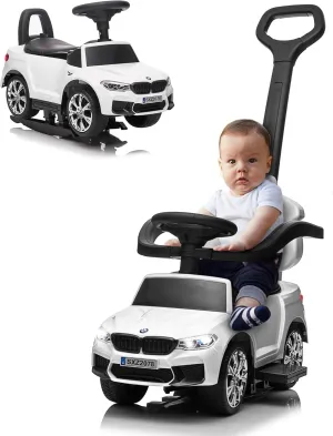 Push Car for Kids, Licensed M5 4-in-1 Push Pedal Ride on Car for Baby, Foot to Floor Sliding Ride-on with Push Bar, Leather Seat, LED Lights, Horn, Foot Rest & Rocking Chair Rails (White)