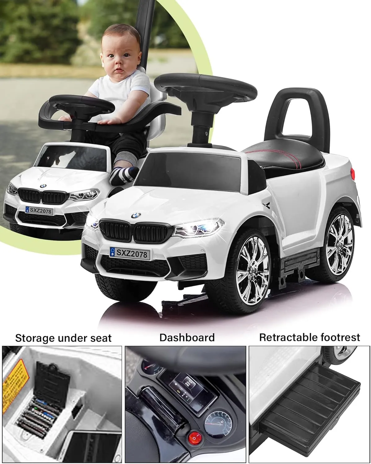 Push Car for Kids, Licensed M5 4-in-1 Push Pedal Ride on Car for Baby, Foot to Floor Sliding Ride-on with Push Bar, Leather Seat, LED Lights, Horn, Foot Rest & Rocking Chair Rails (White)