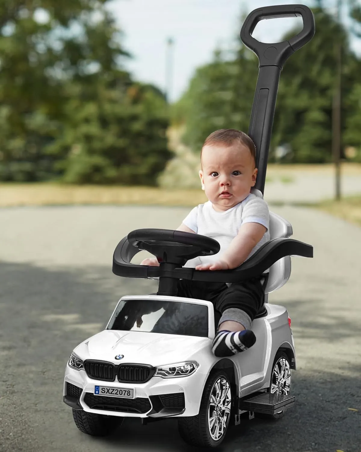 Push Car for Kids, Licensed M5 4-in-1 Push Pedal Ride on Car for Baby, Foot to Floor Sliding Ride-on with Push Bar, Leather Seat, LED Lights, Horn, Foot Rest & Rocking Chair Rails (White)