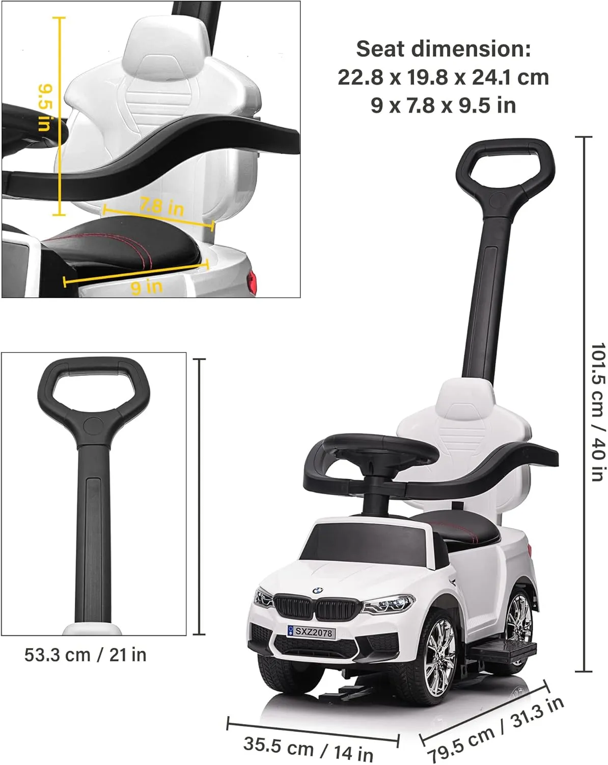 Push Car for Kids, Licensed M5 4-in-1 Push Pedal Ride on Car for Baby, Foot to Floor Sliding Ride-on with Push Bar, Leather Seat, LED Lights, Horn, Foot Rest & Rocking Chair Rails (White)