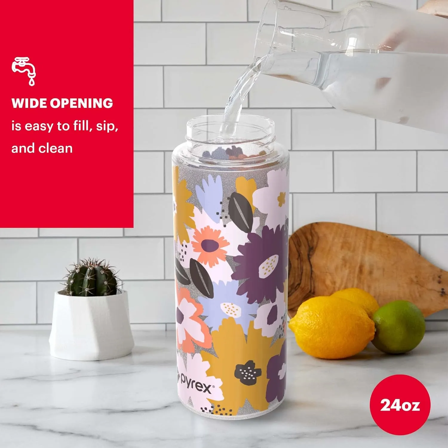 Pyrex 17.5-Oz Color Changing Glass Water Bottle with Silicone Coating, Leakproof and Textured Glass Reusable Water Bottle, Eco-Friendly, BPA-Free Silicone Coating, Blur Tie Dye