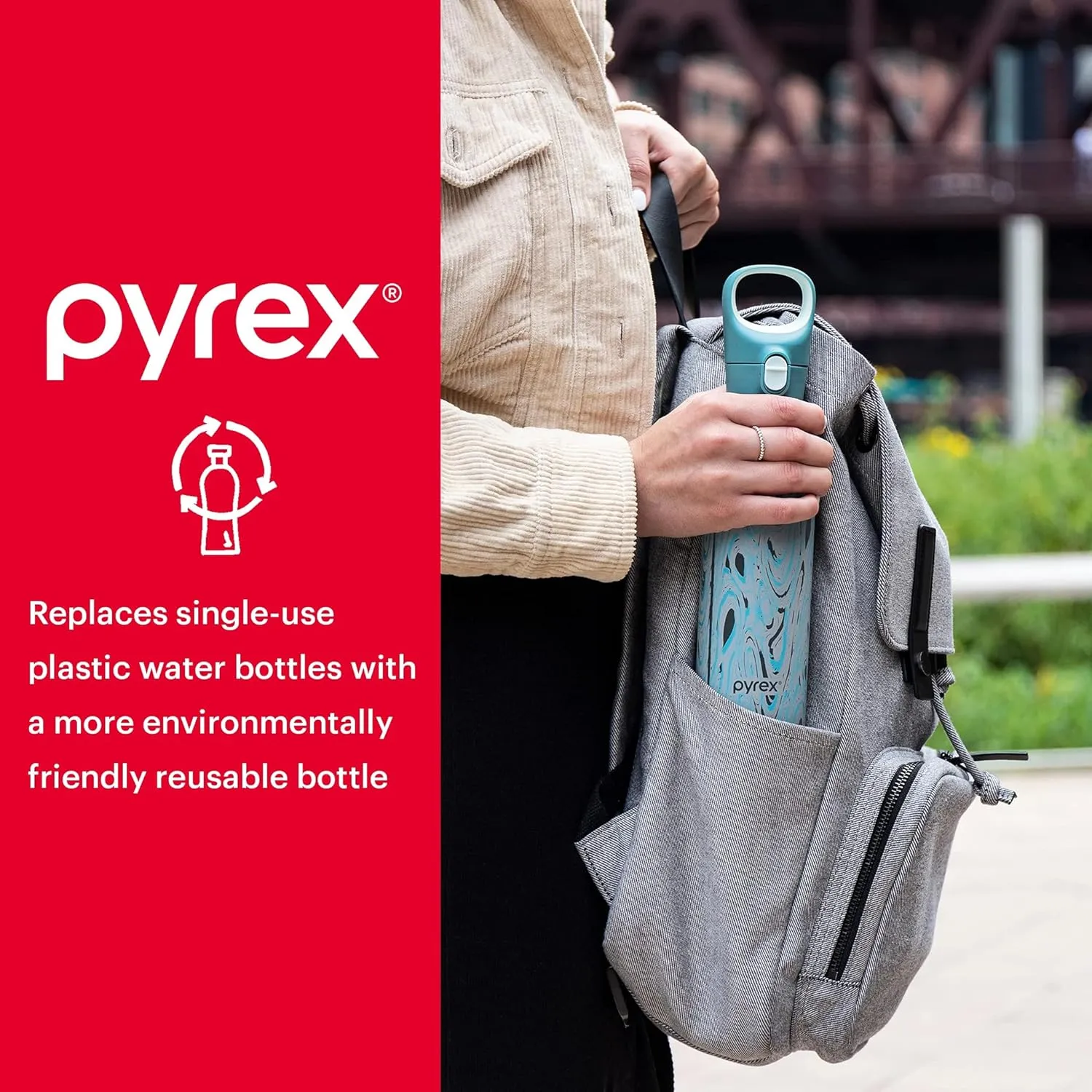 Pyrex 17.5-Oz Color Changing Glass Water Bottle with Silicone Coating, Leakproof and Textured Glass Reusable Water Bottle, Eco-Friendly, BPA-Free Silicone Coating, Blur Tie Dye