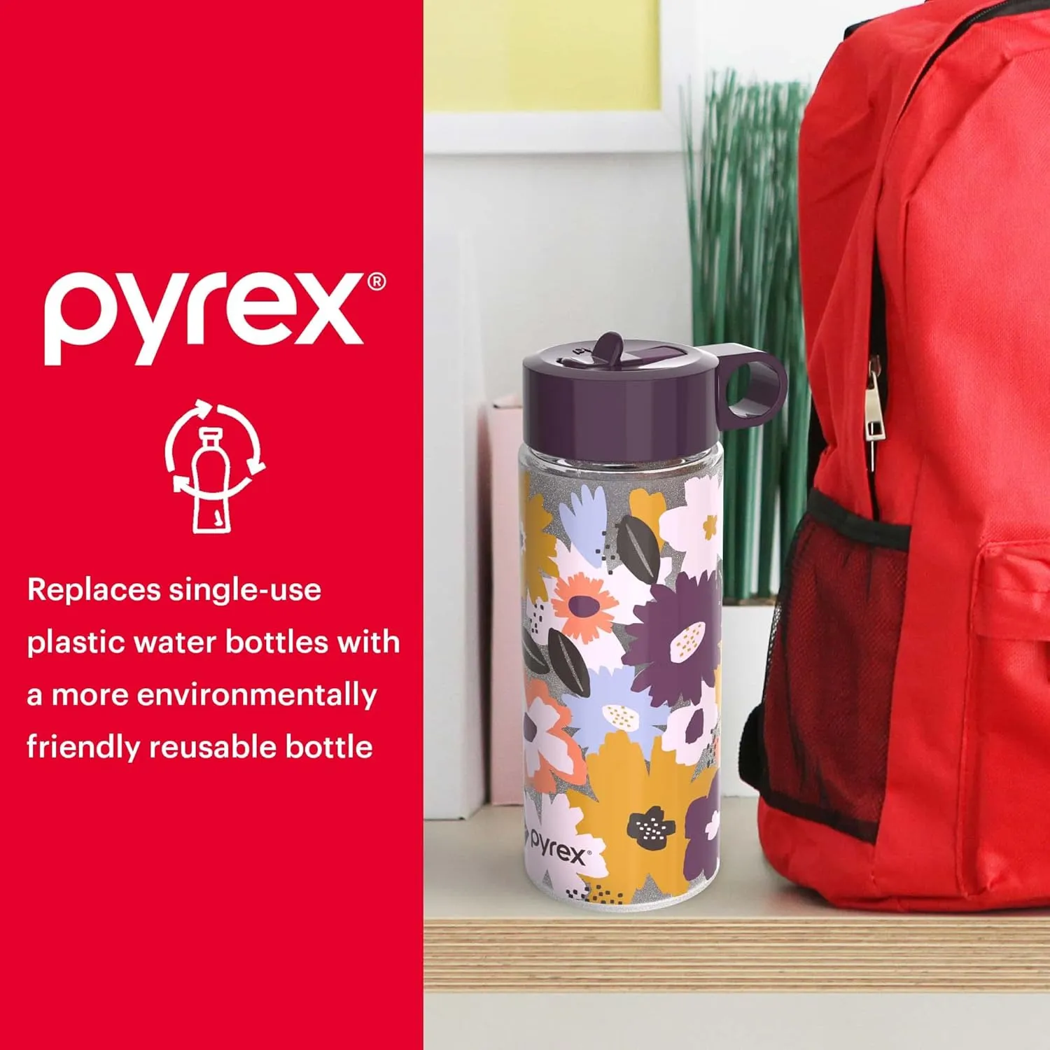 Pyrex 17.5-Oz Color Changing Glass Water Bottle with Silicone Coating, Leakproof and Textured Glass Reusable Water Bottle, Eco-Friendly, BPA-Free Silicone Coating, Blur Tie Dye