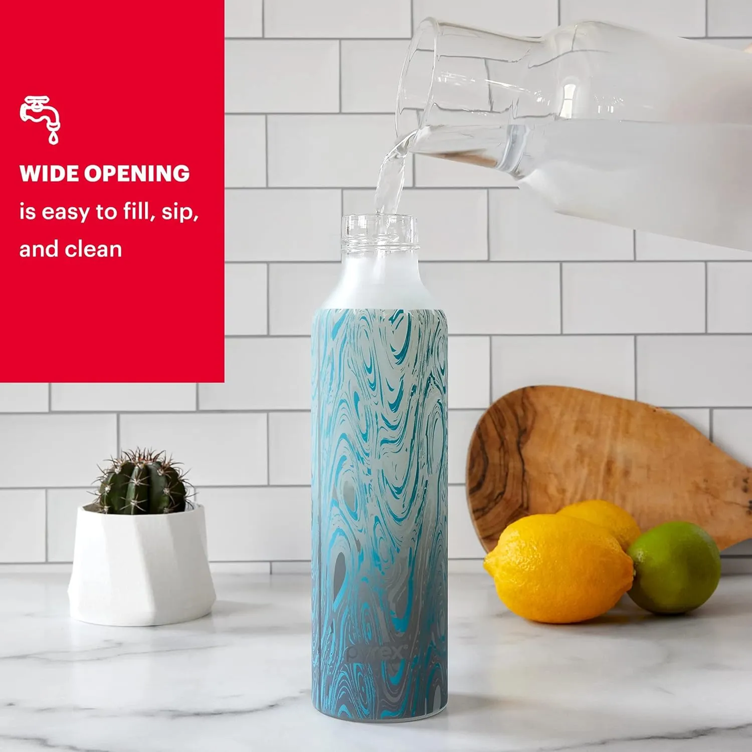 Pyrex 17.5-Oz Color Changing Glass Water Bottle with Silicone Coating, Leakproof and Textured Glass Reusable Water Bottle, Eco-Friendly, BPA-Free Silicone Coating, Blur Tie Dye
