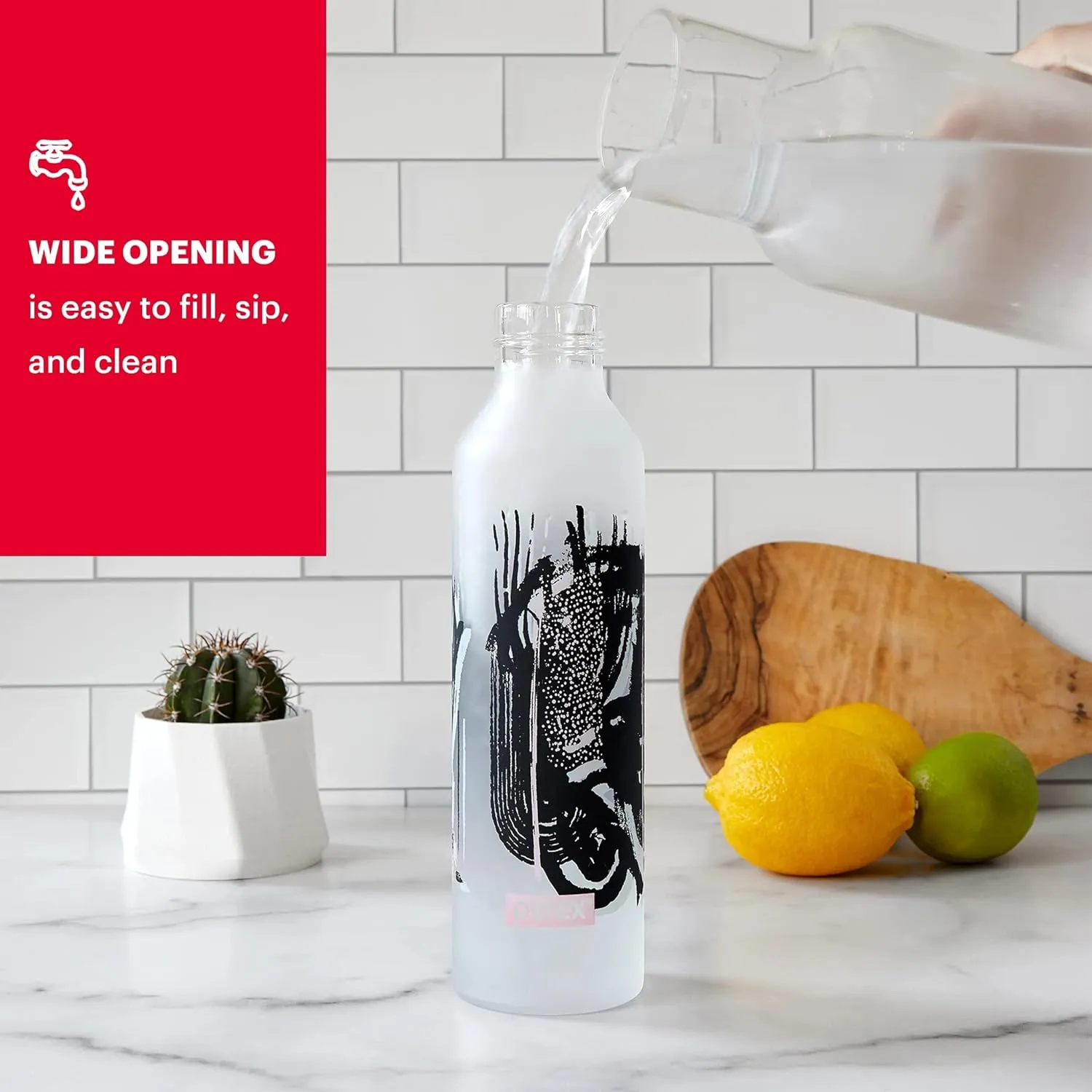 Pyrex 24-Oz Color Changing Glass Water Bottle with Silicone Coating, Leakproof and Textured Glass Reusable Water Bottle with Flip-Top Lid, Eco-Friendly, BPA-Free Silicone Coating, Doodles