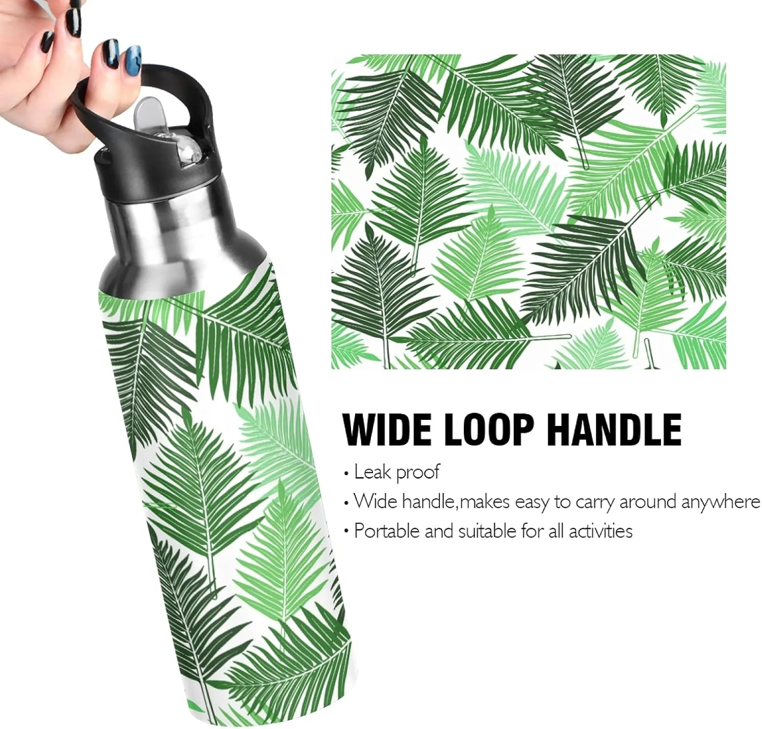 Qilmy Black and White Leopard Water Bottle Vacuum Insulated Stainless Steel Water Bottles with Straw Lid Leakproof Wide Mouth Water Flask for Fitness Outdoor Sports, 20 oz