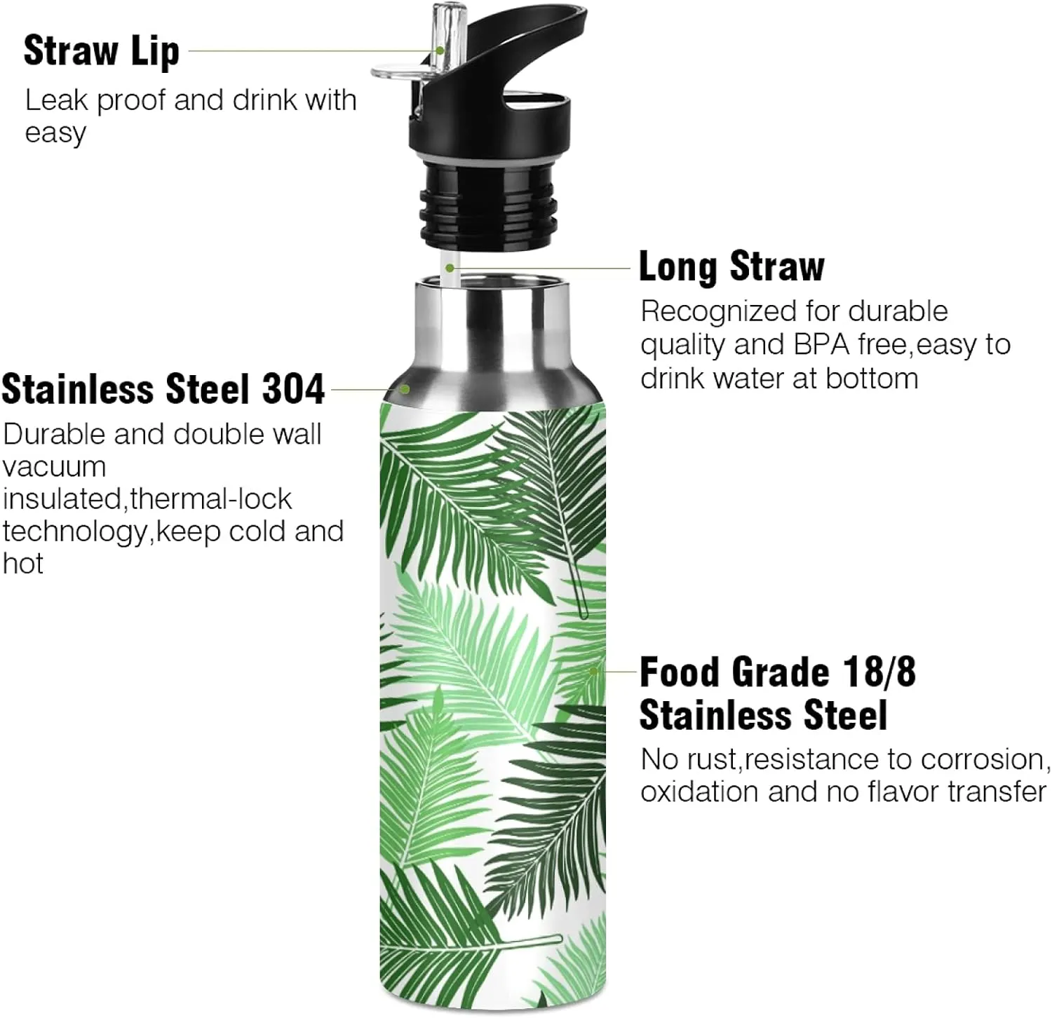 Qilmy Black and White Leopard Water Bottle Vacuum Insulated Stainless Steel Water Bottles with Straw Lid Leakproof Wide Mouth Water Flask for Fitness Outdoor Sports, 20 oz