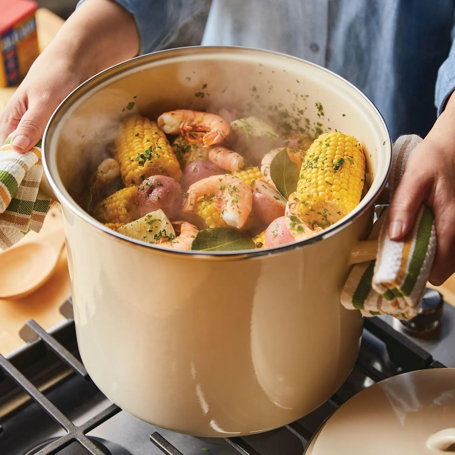 Rachael Ray Enamel on Steel Stockpot with Lid, Induction Suitable, 12 Quart, Almond Cream