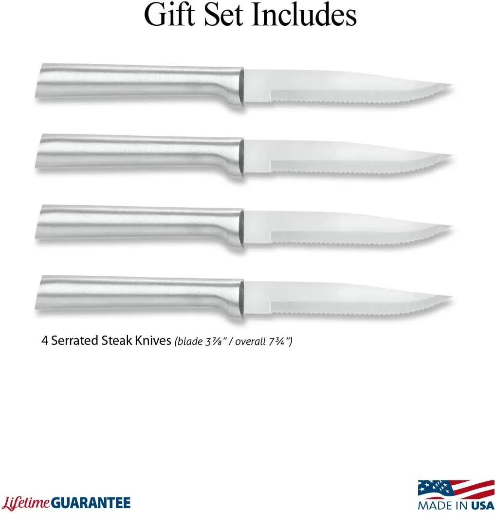 Rada Cutlery 4-Piece Serrated Steak Knife Gift Set, Silver Handles