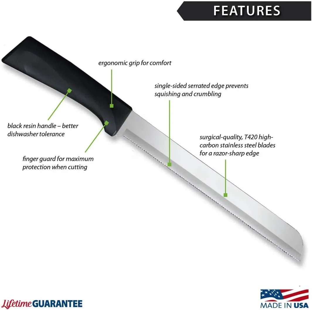 Rada Cutlery Anthem Series 8 inch Bread Knife, Made in USA, Black Handle