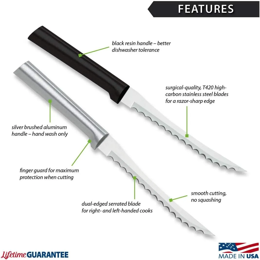 Rada Cutlery Tomato Slicer Knife (W226), 5" Stainless Steel Hollow Ground Serrated Blade, Made in USA, Black Handle, Pack of 2