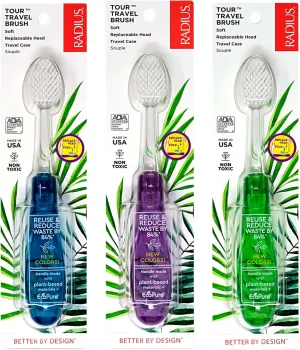 RADIUS Tour Travel Brush & Case with Replaceable Brush Head ADA Accepted Toothbrush Improve Gum Health - Purple Orange Red - Pack of 3