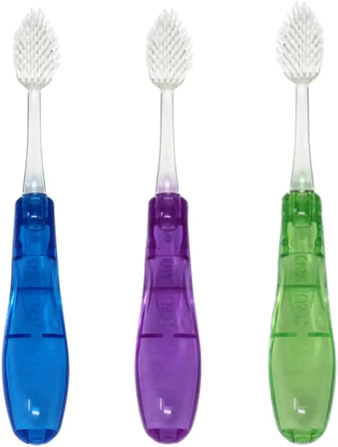 RADIUS Tour Travel Brush & Case with Replaceable Brush Head ADA Accepted Toothbrush Improve Gum Health - Purple Orange Red - Pack of 3