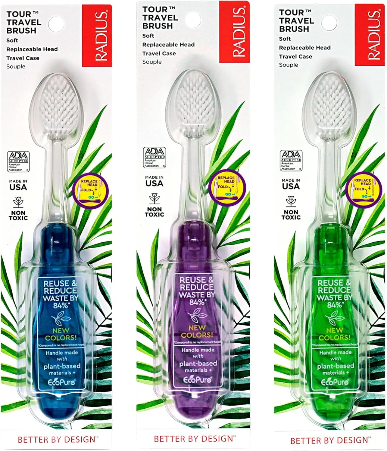 RADIUS Tour Travel Brush & Case with Replaceable Brush Head ADA Accepted Toothbrush Improve Gum Health - Purple Orange Red - Pack of 3