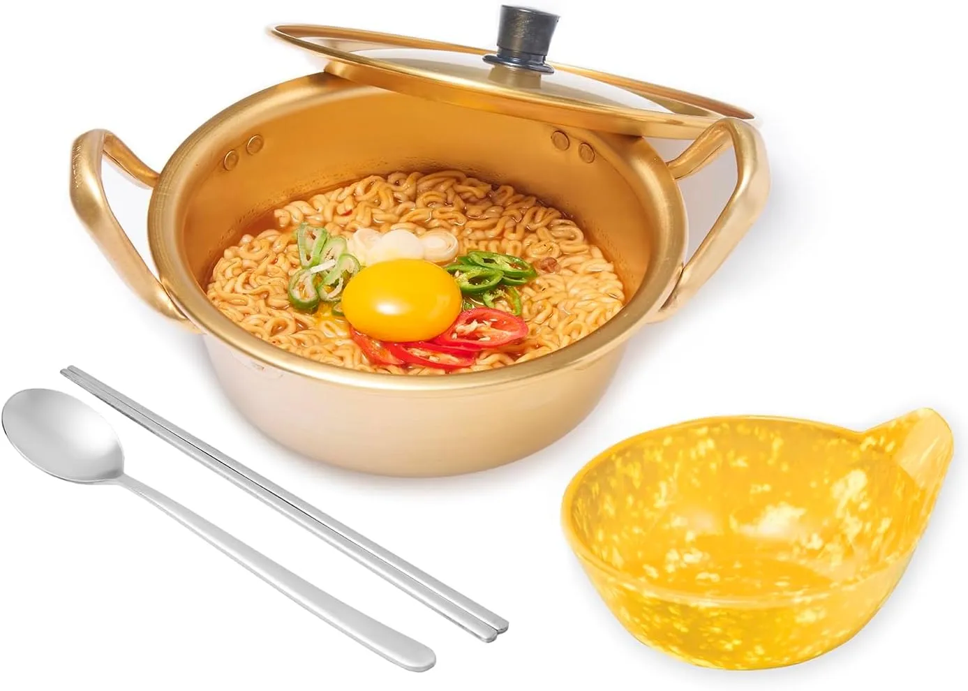 Ramen Pot with Chopsticks, Spoon & Bowl Set | Portable Rapid Ramen Cooker, Easy Cook Pot, Korean Style Egg Cooker, Instant Pot for Quick Noodles, Cooking Pot for Dorm & Travel | Made in Korea | 1Qt