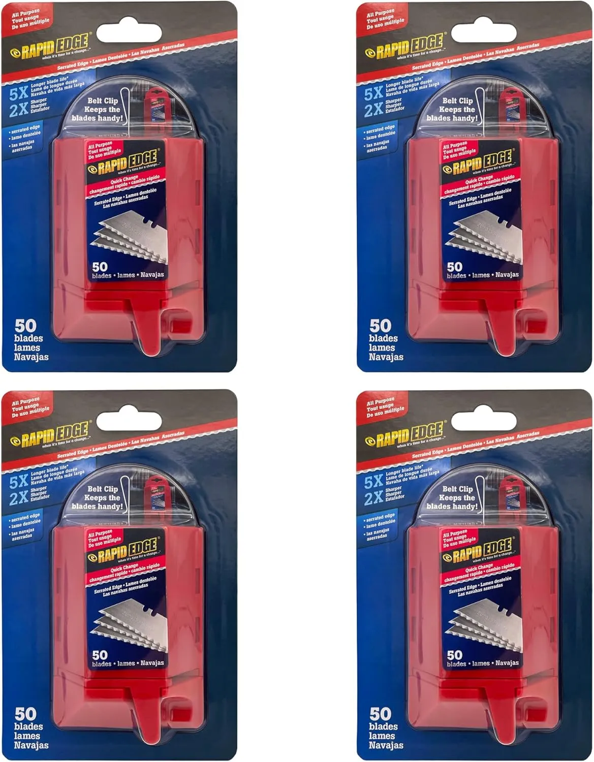 Rapid Edge 4-Pack All-Purpose Utility Knife Blades, Serrated Utility Blade For Faster and Smoother Cuts, 200 Box Cutter Blades Refills, Comes With a Patented Dispenser Featuring a Belt Clip