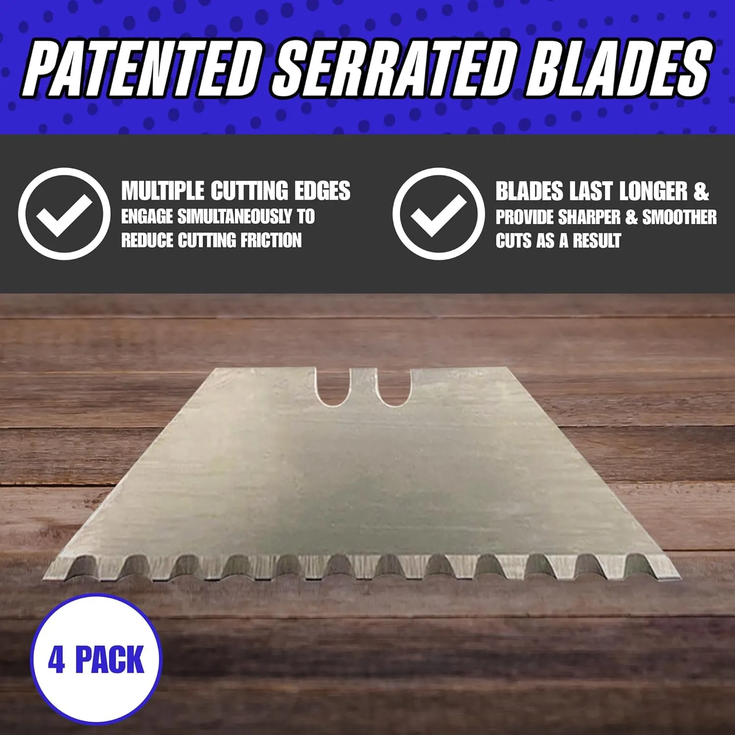 Rapid Edge 4-Pack All-Purpose Utility Knife Blades, Serrated Utility Blade For Faster and Smoother Cuts, 200 Box Cutter Blades Refills, Comes With a Patented Dispenser Featuring a Belt Clip