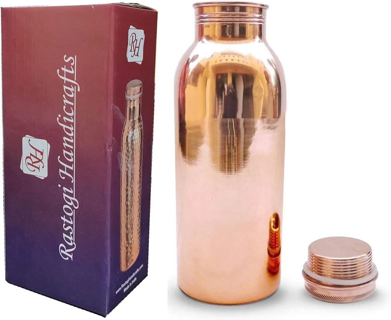 Rastogi Handicrafts Pure copper Hand Plain/Smooth/Shiny Bottle capacity 16oz / 500 ml for drinking water storage/yoga bottle