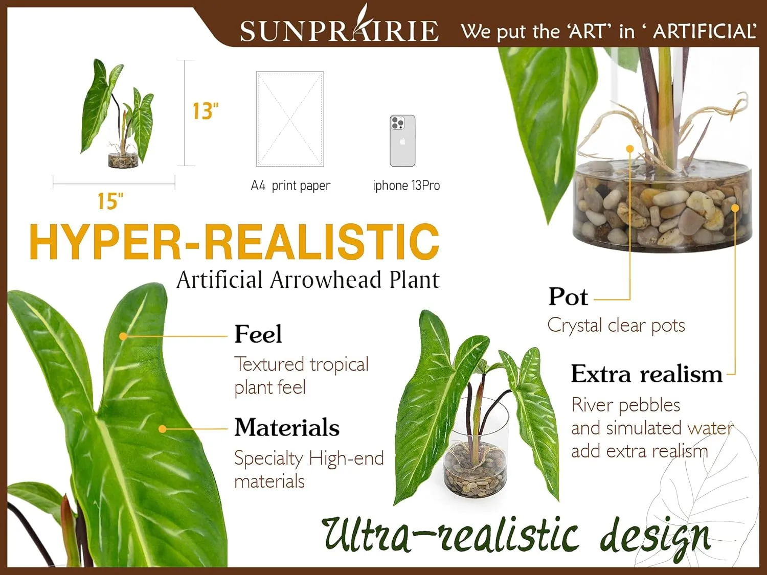 Realistic Faux Plant in Clear Pot with Artificial Water, Narrow Arrowhead Leaves. Artificial Plants Indoor and Outdoor