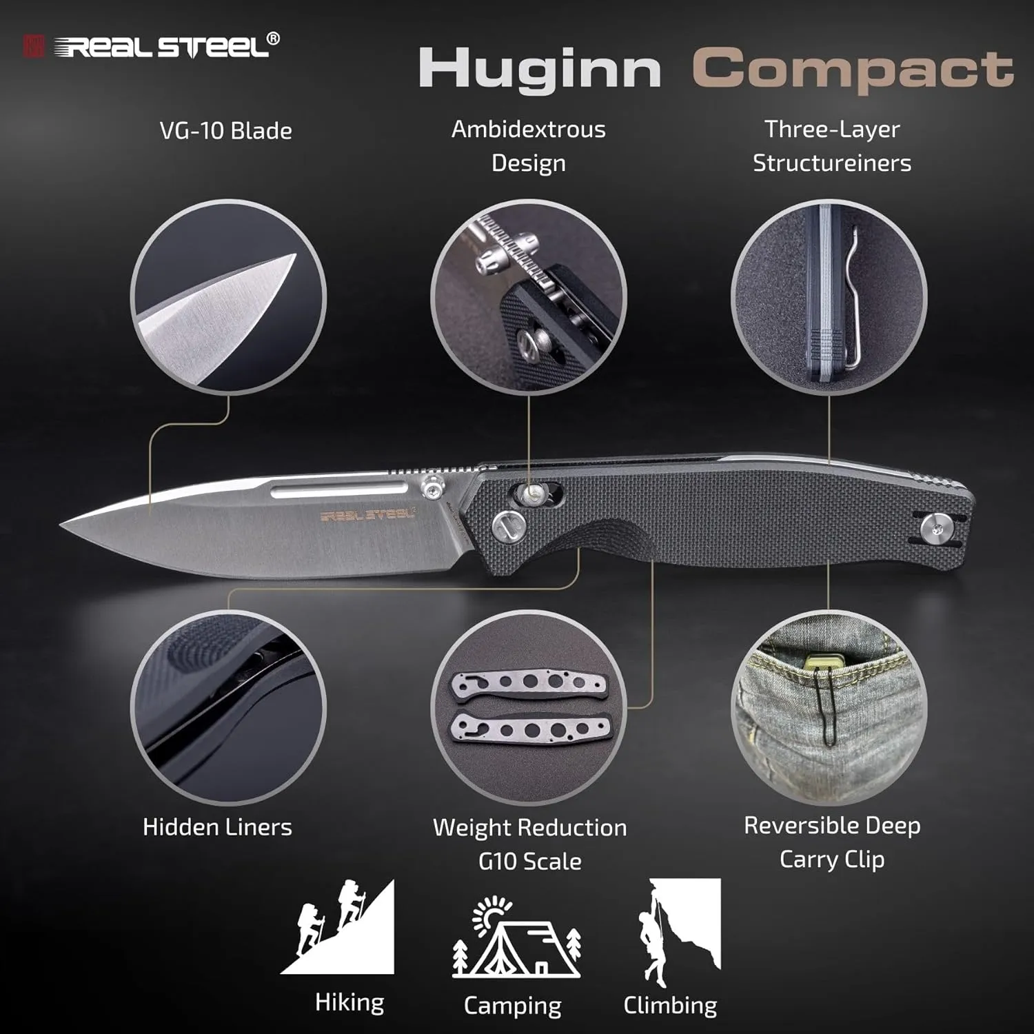 REALSTEEL Huginn Compact Folding Pocket Knife,Crossbar Lock,3.15'' VG-10 Steel Blade,Thumb Stud,G10 Handle,Lightweight Clip,EDC Gift for Men Women Camping, Hiking, Outdoor Use(Satin/Black G10)