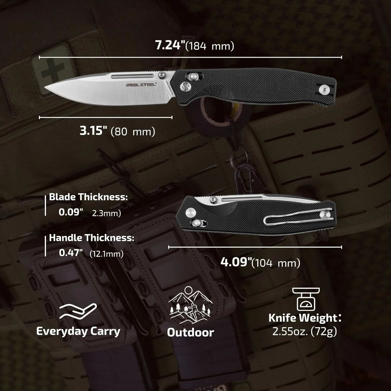 REALSTEEL Huginn Compact Folding Pocket Knife,Crossbar Lock,3.15'' VG-10 Steel Blade,Thumb Stud,G10 Handle,Lightweight Clip,EDC Gift for Men Women Camping, Hiking, Outdoor Use(Satin/Black G10)