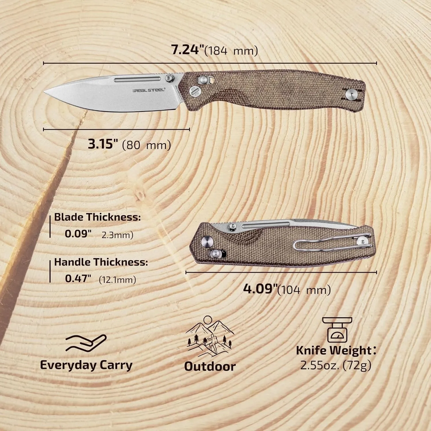 REALSTEEL Huginn Compact Folding Pocket Knife,Crossbar Lock,3.15''VG-10 Steel Blade,Thumb Stud,Micarta Handle,Clip,EDC Gift for Men Women Camping,Hiking,Outdoor Use(Stonewashed/Natural Micarta)