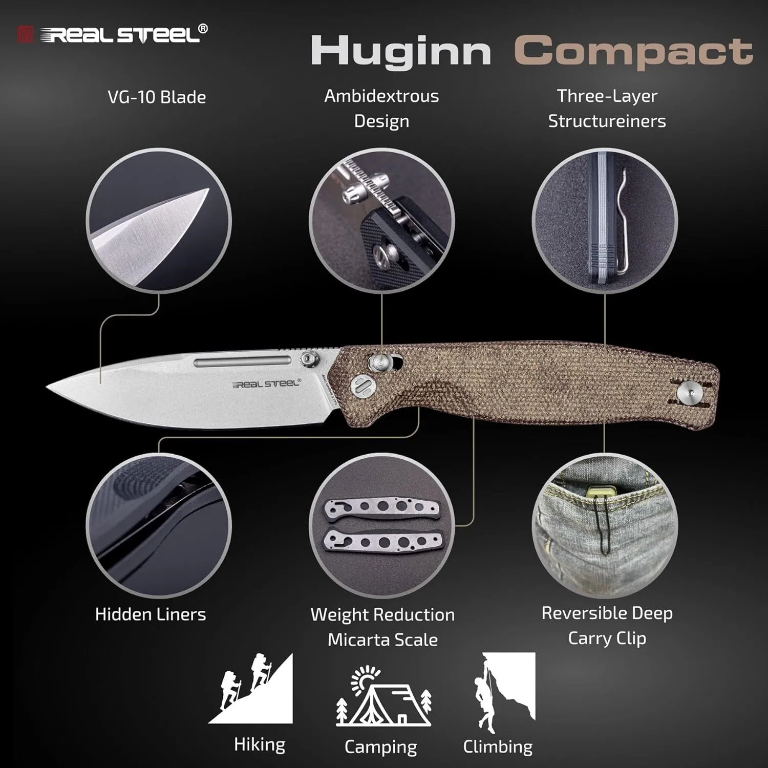 REALSTEEL Huginn Compact Folding Pocket Knife,Crossbar Lock,3.15''VG-10 Steel Blade,Thumb Stud,Micarta Handle,Clip,EDC Gift for Men Women Camping,Hiking,Outdoor Use(Stonewashed/Natural Micarta)