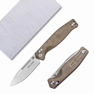 REALSTEEL Huginn Compact Folding Pocket Knife,Crossbar Lock,3.15''VG-10 Steel Blade,Thumb Stud,Micarta Handle,Clip,EDC Gift for Men Women Camping,Hiking,Outdoor Use(Stonewashed/Natural Micarta)
