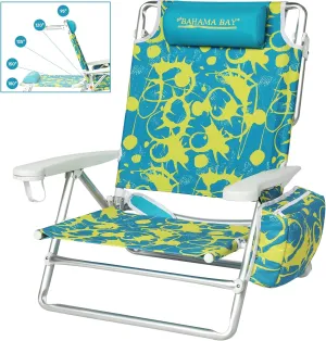Reclining Beach Chair Backpack 5-Position Lay Flat Lounge Chair for Adults Heavy Duty Portable Folding Lightweight with Cooler Bag Camping Chair for Sand Outdoor