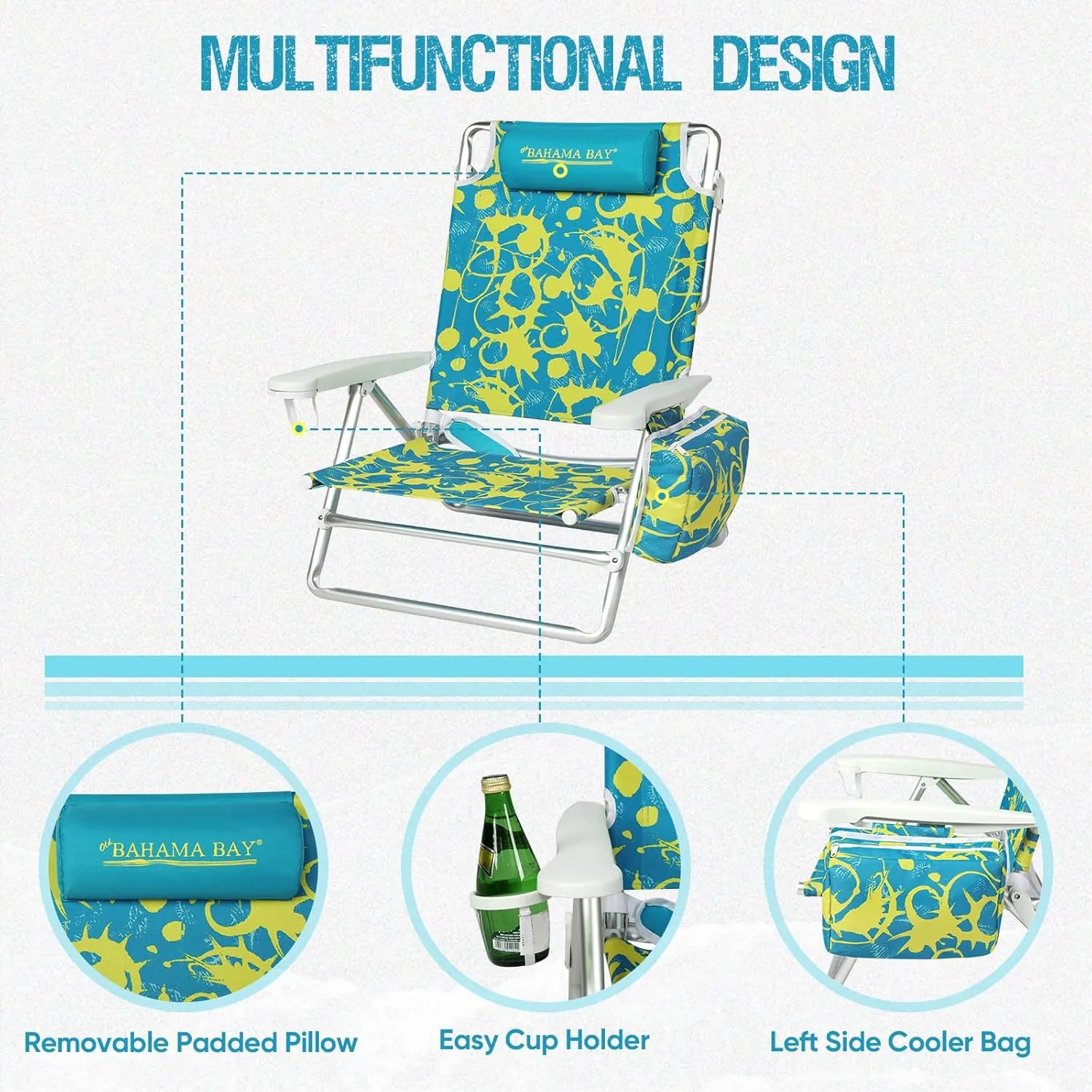 Reclining Beach Chair Backpack 5-Position Lay Flat Lounge Chair for Adults Heavy Duty Portable Folding Lightweight with Cooler Bag Camping Chair for Sand Outdoor