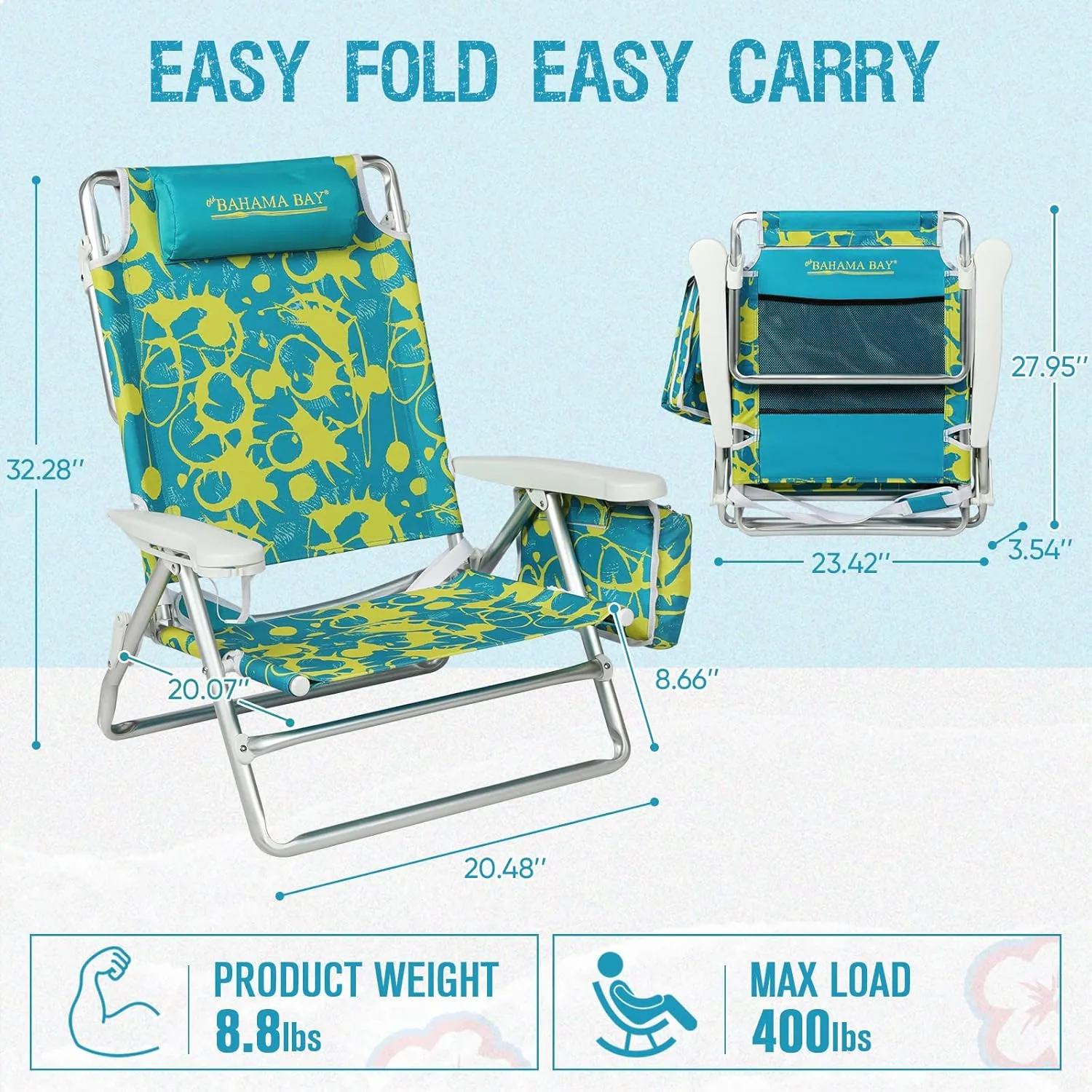 Reclining Beach Chair Backpack 5-Position Lay Flat Lounge Chair for Adults Heavy Duty Portable Folding Lightweight with Cooler Bag Camping Chair for Sand Outdoor