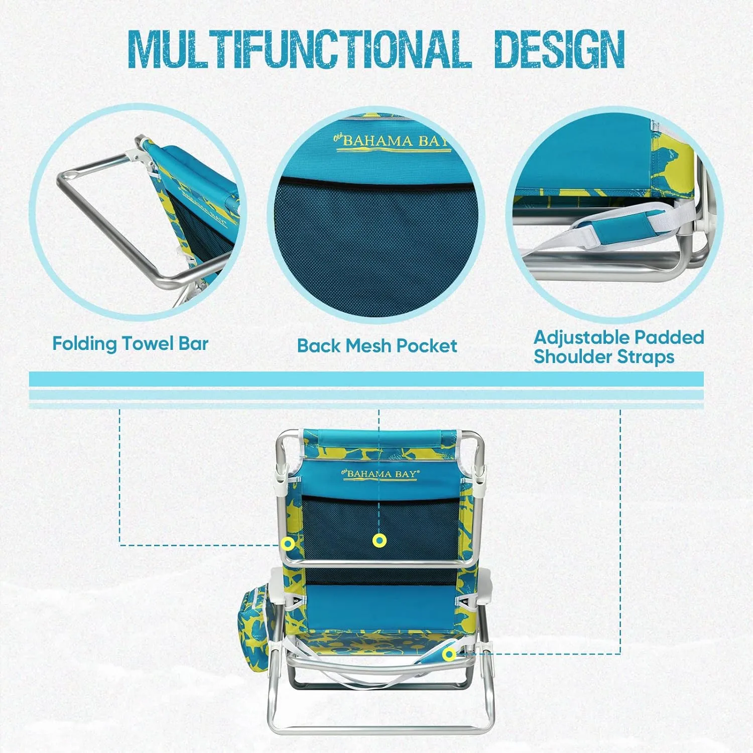 Reclining Beach Chair Backpack 5-Position Lay Flat Lounge Chair for Adults Heavy Duty Portable Folding Lightweight with Cooler Bag Camping Chair for Sand Outdoor