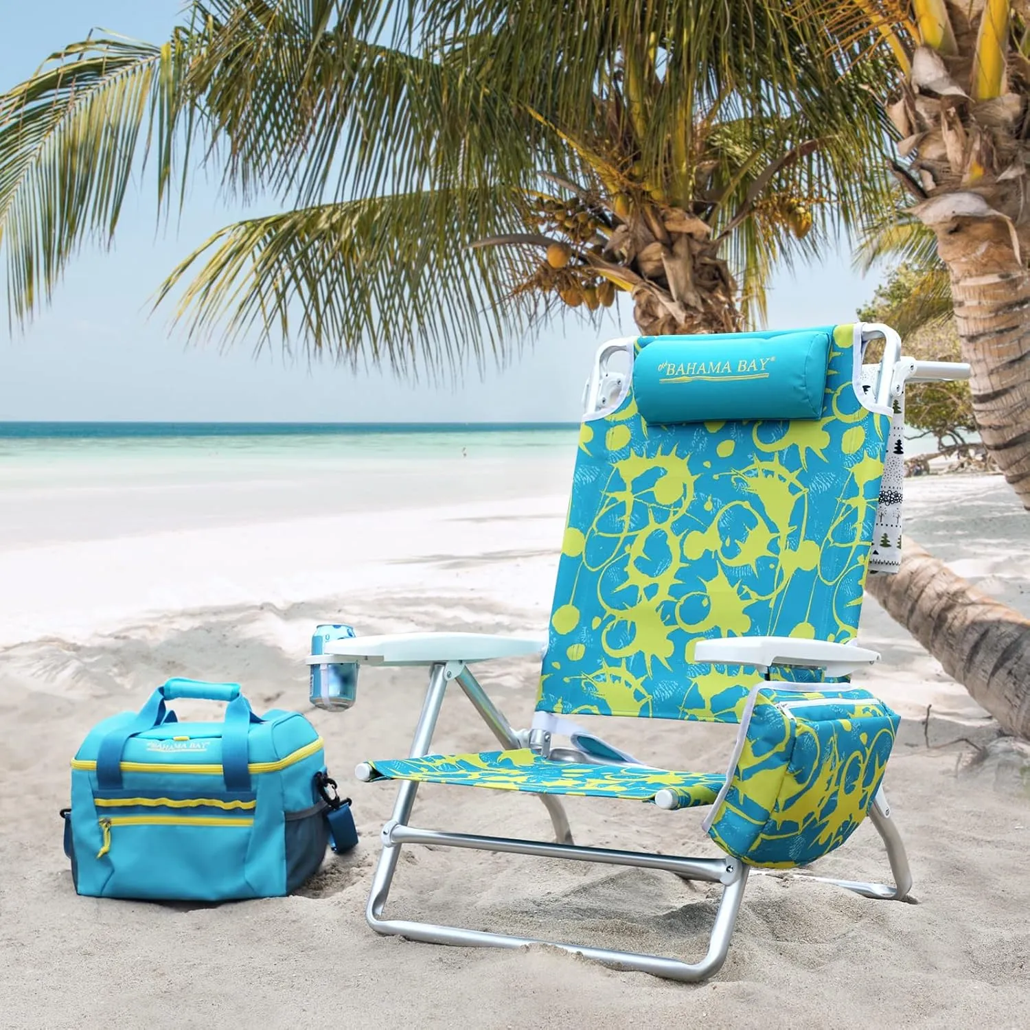 Reclining Beach Chair Backpack 5-Position Lay Flat Lounge Chair for Adults Heavy Duty Portable Folding Lightweight with Cooler Bag Camping Chair for Sand Outdoor