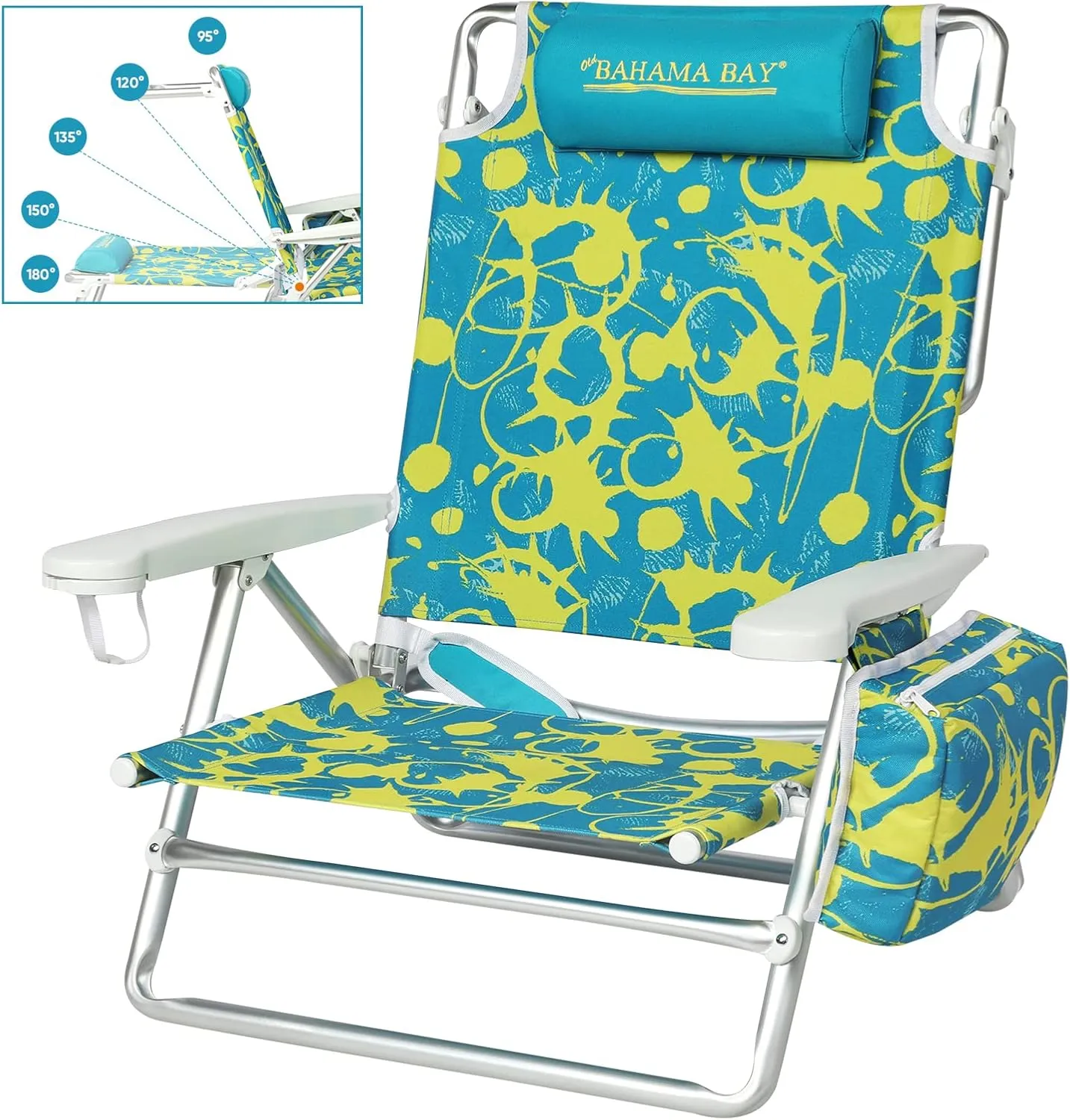 Reclining Beach Chair Backpack 5-Position Lay Flat Lounge Chair for Adults Heavy Duty Portable Folding Lightweight with Cooler Bag Camping Chair for Sand Outdoor