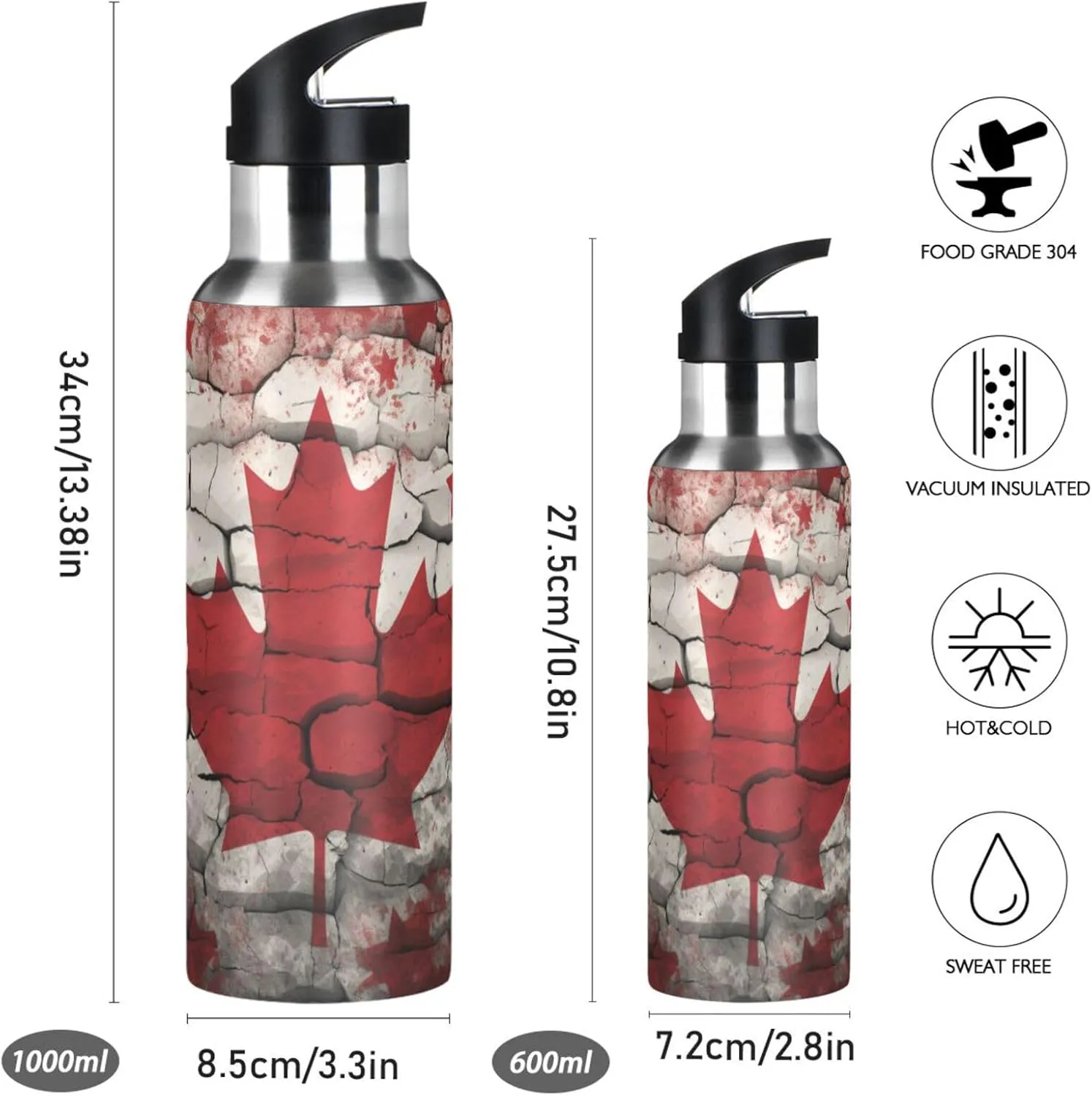 Red Abstract Flag Art Sport Water Bottle Insulated Stainless Steel Large Vacuum Flask Leak Proof Thermos with Straw for Travel(600ml/1000ml)