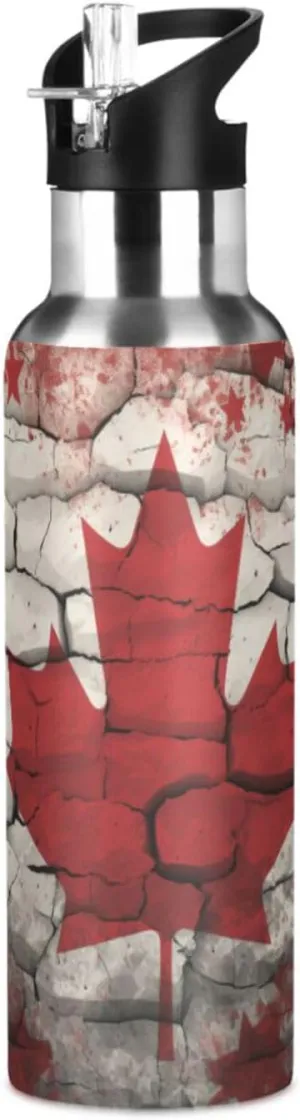 Red Abstract Flag Art Sport Water Bottle Insulated Stainless Steel Large Vacuum Flask Leak Proof Thermos with Straw for Travel(600ml/1000ml)