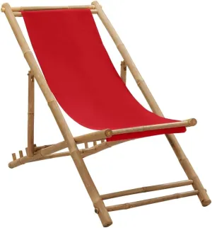Red Bamboo Canvas Adjustable Folding Deck Chair 4-Position Lounge Chair for Outdoor Patio Beach Camping Garden Relaxation Portable and Comfortable Seating
