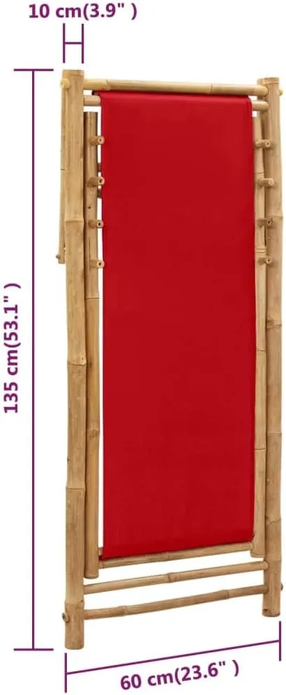 Red Bamboo Canvas Adjustable Folding Deck Chair 4-Position Lounge Chair for Outdoor Patio Beach Camping Garden Relaxation Portable and Comfortable Seating