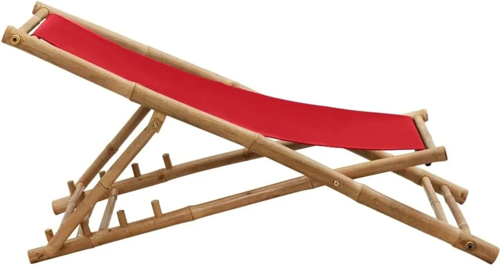 Red Bamboo Canvas Adjustable Folding Deck Chair 4-Position Lounge Chair for Outdoor Patio Beach Camping Garden Relaxation Portable and Comfortable Seating
