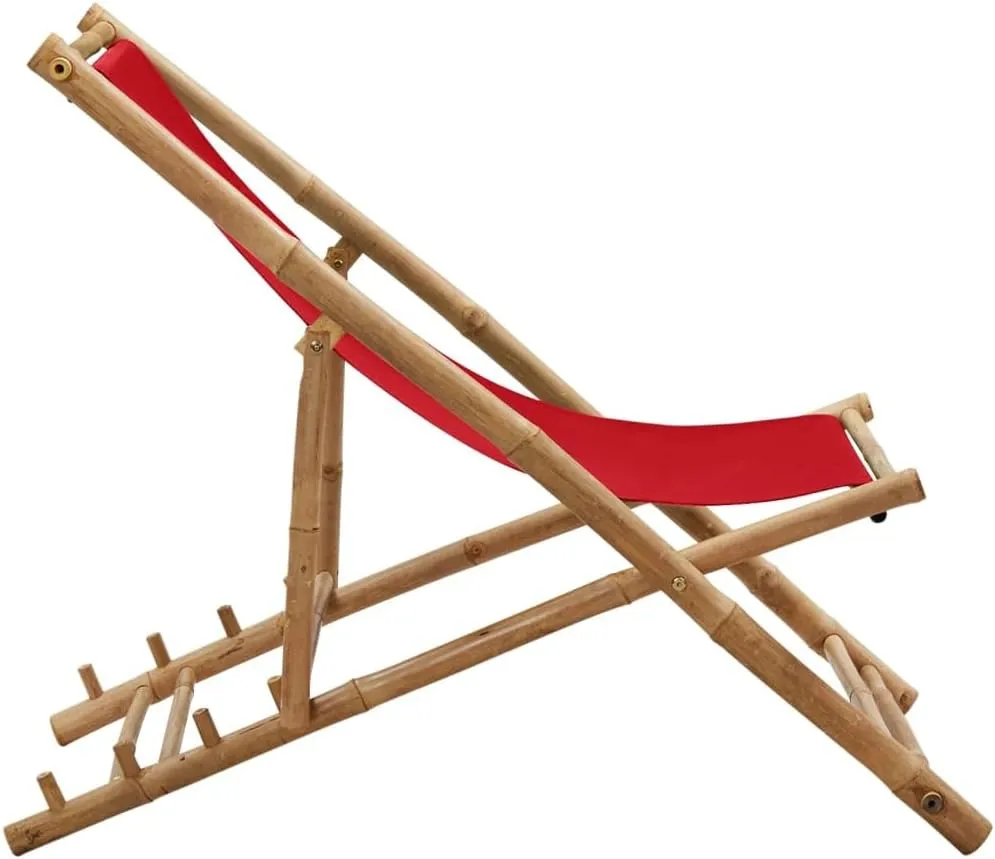 Red Bamboo Canvas Adjustable Folding Deck Chair 4-Position Lounge Chair for Outdoor Patio Beach Camping Garden Relaxation Portable and Comfortable Seating