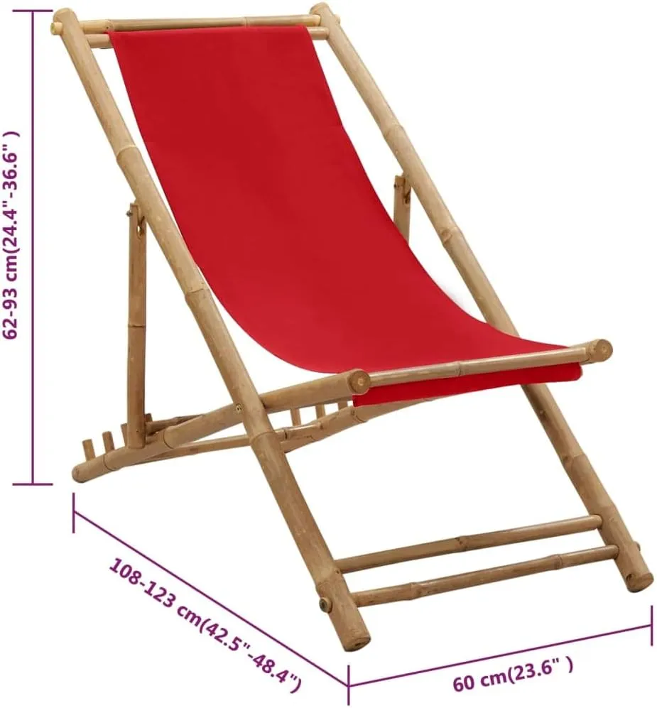 Red Bamboo Canvas Adjustable Folding Deck Chair 4-Position Lounge Chair for Outdoor Patio Beach Camping Garden Relaxation Portable and Comfortable Seating