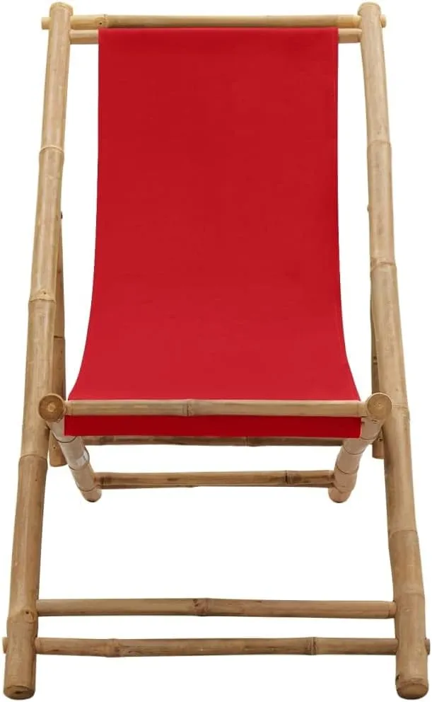 Red Bamboo Canvas Adjustable Folding Deck Chair 4-Position Lounge Chair for Outdoor Patio Beach Camping Garden Relaxation Portable and Comfortable Seating