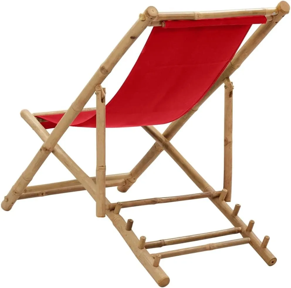 Red Bamboo Canvas Adjustable Folding Deck Chair 4-Position Lounge Chair for Outdoor Patio Beach Camping Garden Relaxation Portable and Comfortable Seating