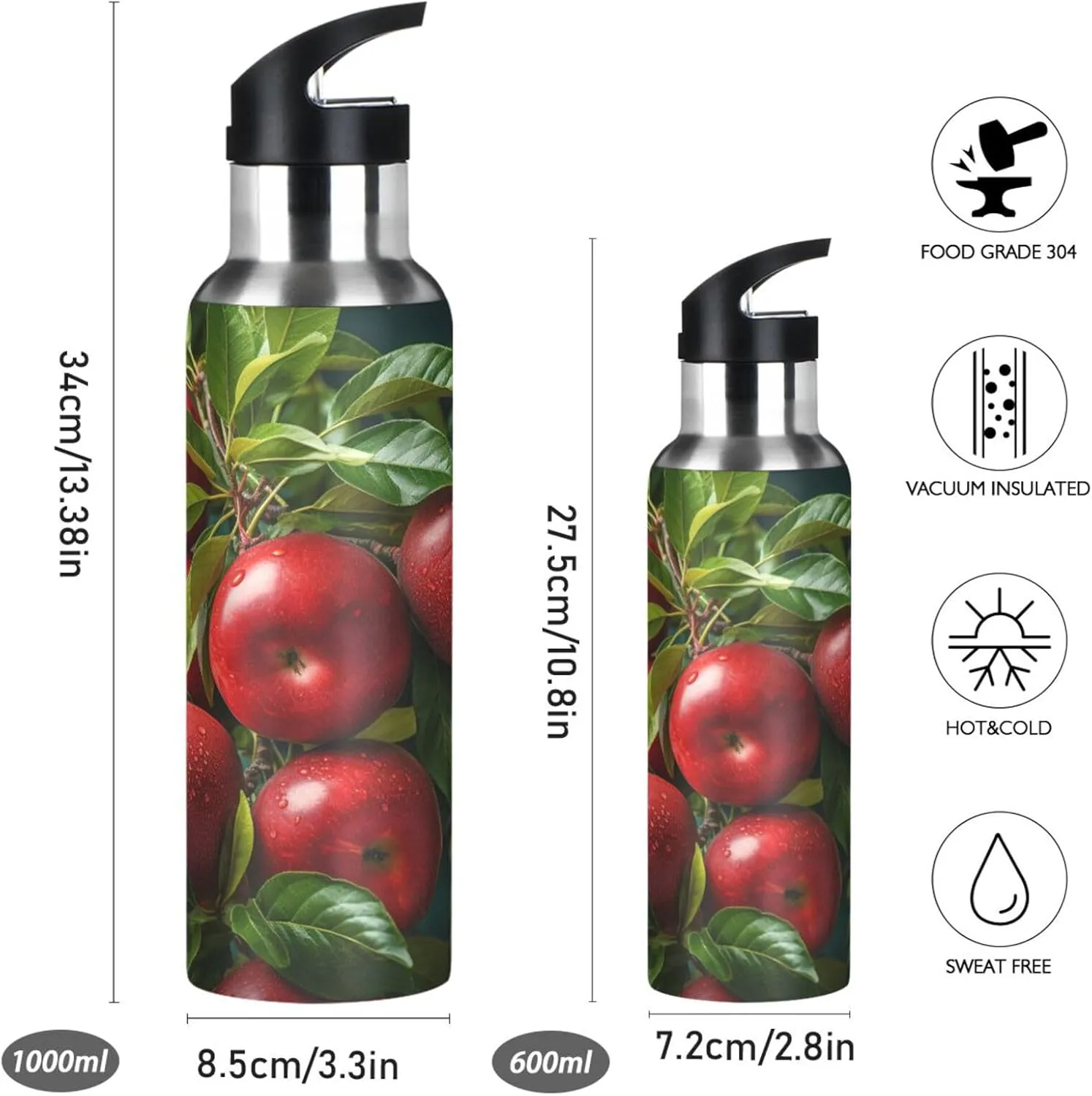 Red Fruit Green Leaves Sport Water Bottle Insulated Stainless Steel Large Vacuum Flask Leak Proof Thermos with Straw for Travel(600ml/1000ml)