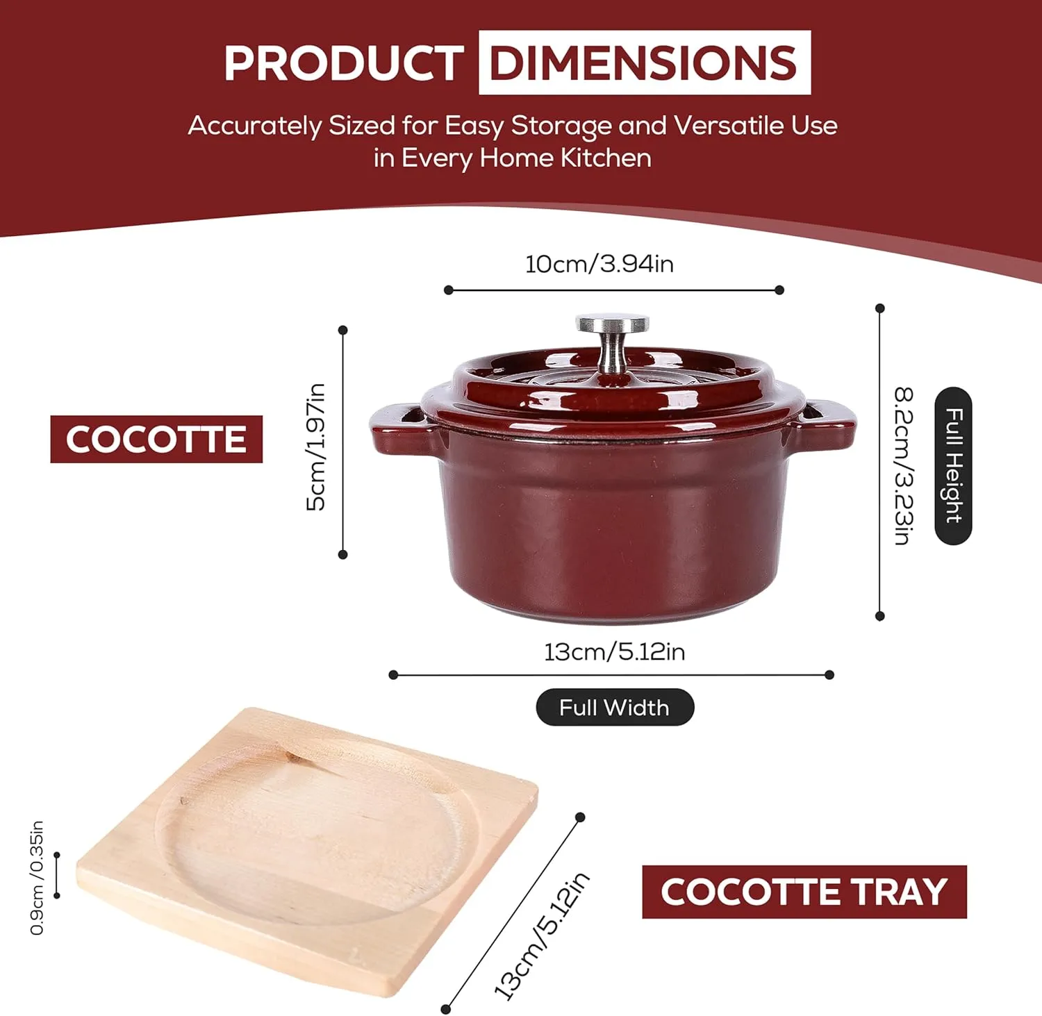 Red Mini Cocotte with Lid & Wooden Tray – 8 oz Individual Mini Dutch Oven with Cast Iron Core, Enamel Interior & Exterior – Ideal Bakers & Casseroles for Soufflés, Desserts, and More