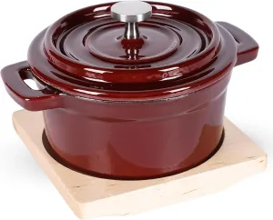 Red Mini Cocotte with Lid & Wooden Tray – 8 oz Individual Mini Dutch Oven with Cast Iron Core, Enamel Interior & Exterior – Ideal Bakers & Casseroles for Soufflés, Desserts, and More