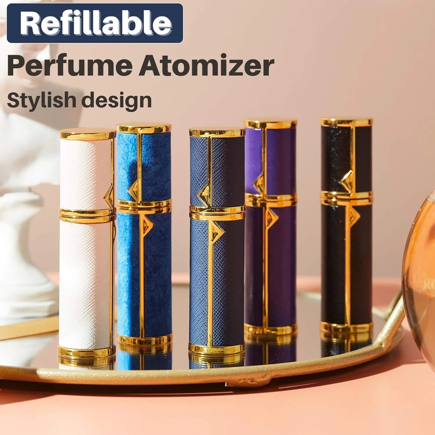 Refillable Leakproof Perfume Atomizer, Portable Easy to fill 5ml Luxury Leather Empty Pump Travel Perfume Spray bottle Atomizer for Man and Woman (Violet(GD))