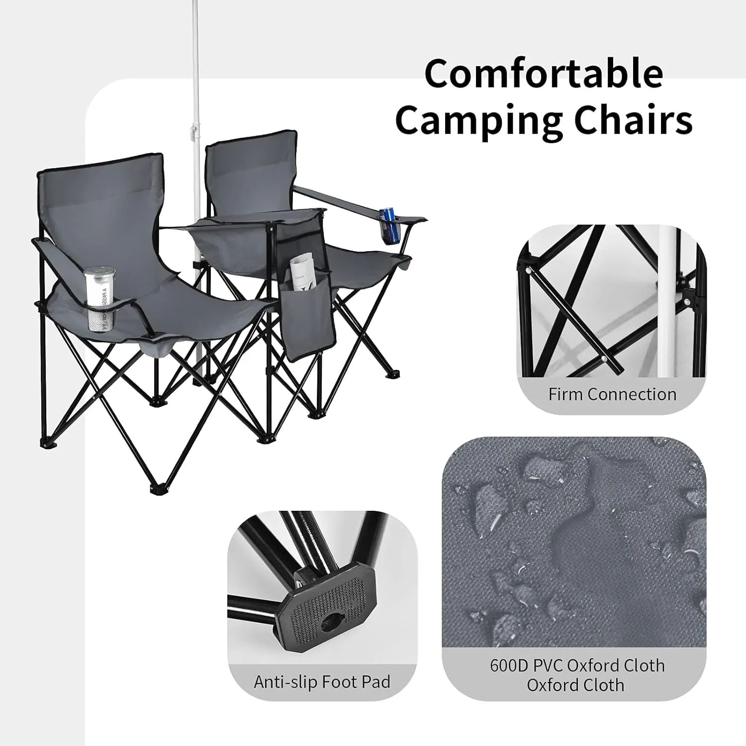 ReunionG Double Folding Camping Chairs, Portable Beach Chairs with Removable Umbrella & Mini Table Carrying Bag, Outdoor Lawn Chairs for Picnic, Patio, Pool, Park (Grey)