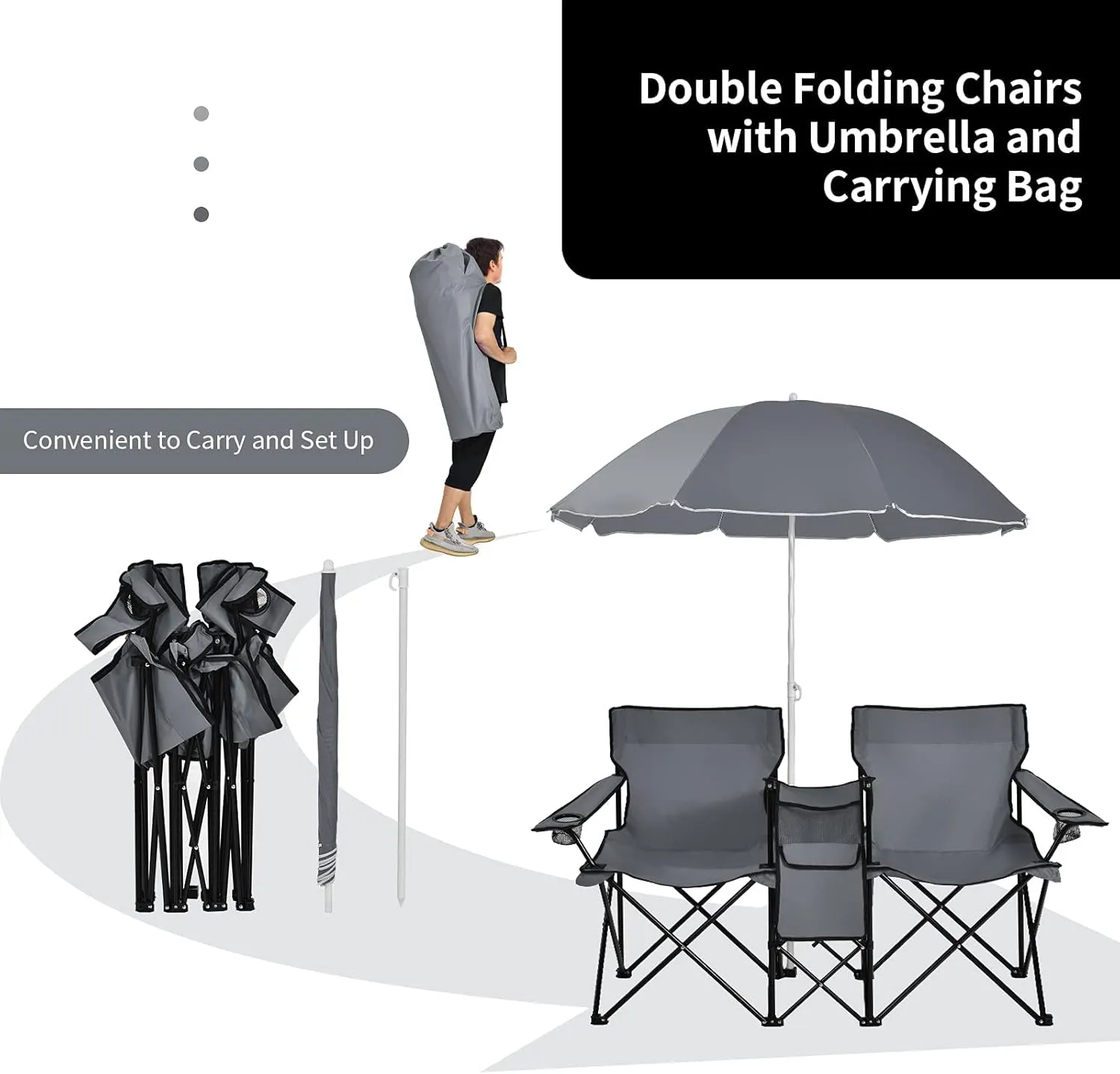 ReunionG Double Folding Camping Chairs, Portable Beach Chairs with Removable Umbrella & Mini Table Carrying Bag, Outdoor Lawn Chairs for Picnic, Patio, Pool, Park (Grey)
