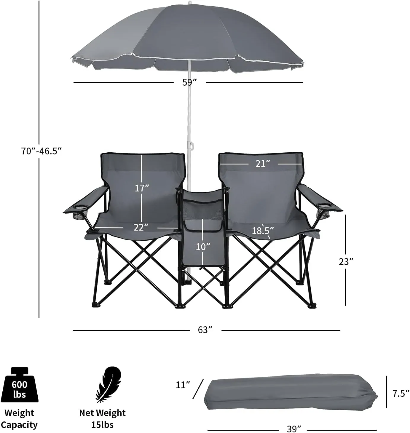 ReunionG Double Folding Camping Chairs, Portable Beach Chairs with Removable Umbrella & Mini Table Carrying Bag, Outdoor Lawn Chairs for Picnic, Patio, Pool, Park (Grey)